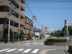 箱崎文系キャンパスは、箱崎九大前駅からみて左側にあります
。途中の小松門を含め、右側に見える門は通過します。なお、貝塚駅側からもほぼ同じ距離です。